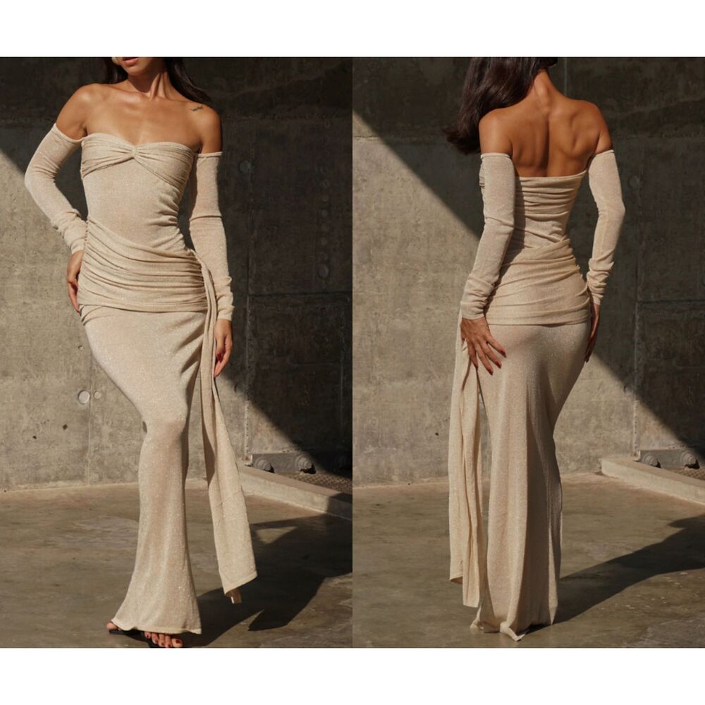 Meshki Strapless Ruched Maxi Dress in Beige - Picture 7 of 15